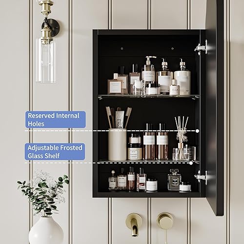 Miniatura 5 de Gabinete negro de madera de estilo vintage con espejo curvado de 16.5 x 24 pulgadas, gabinete de medicina empotrado, gabinete de almacenamiento de