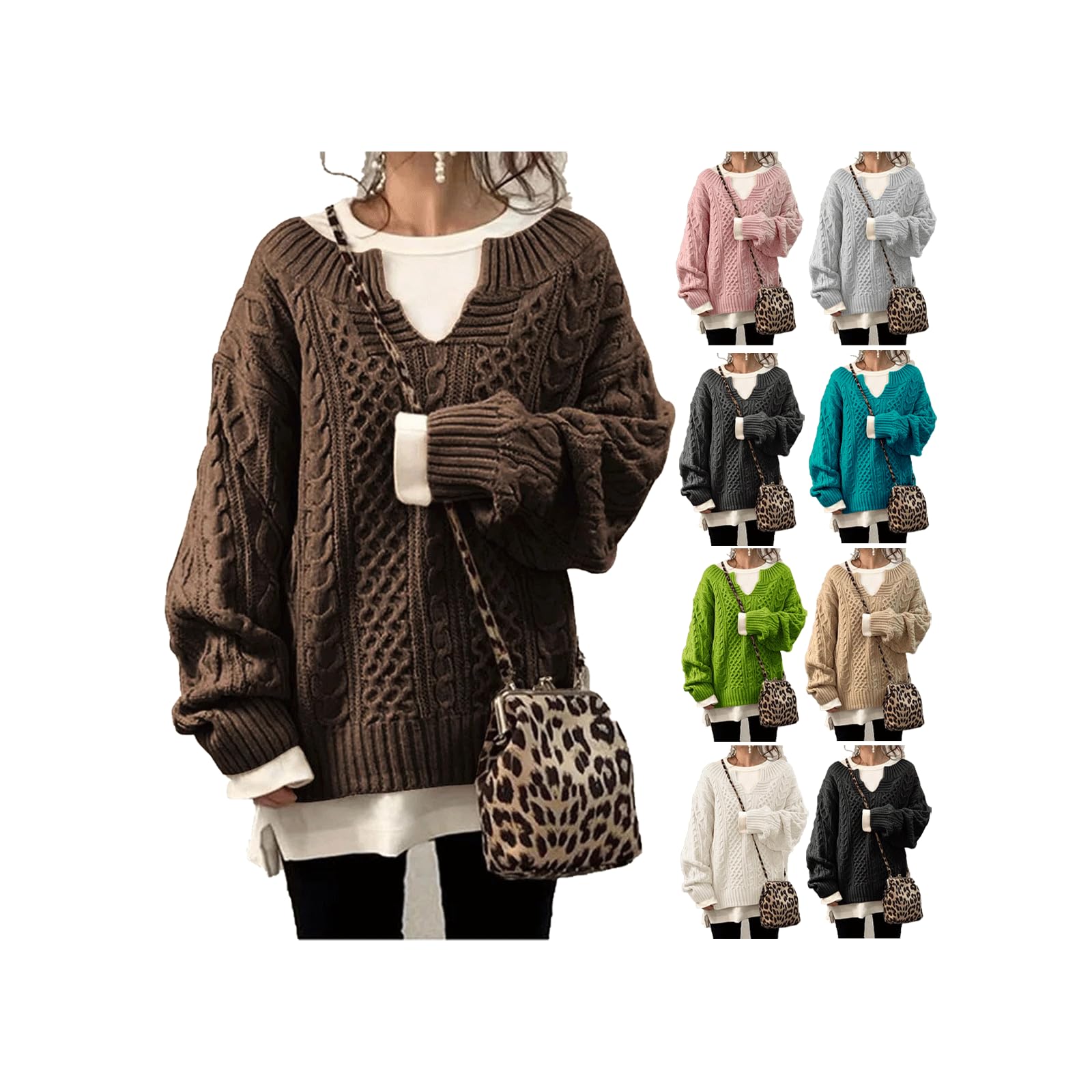 Women Winter Chunky V Neck Long Sleeve Cable Knit Sweater Casual Loose Cable Ribbed Knit Pullover Jumper Tops