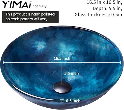Miniatura 3 de Lavabo de Vasija 16.5" Lavabos de Baño Vidrio Templado Azul Cuenco de Arte Redondo con Combo de Grifo Azul, Moderno Lavabo de Encimera tipo Cuenco