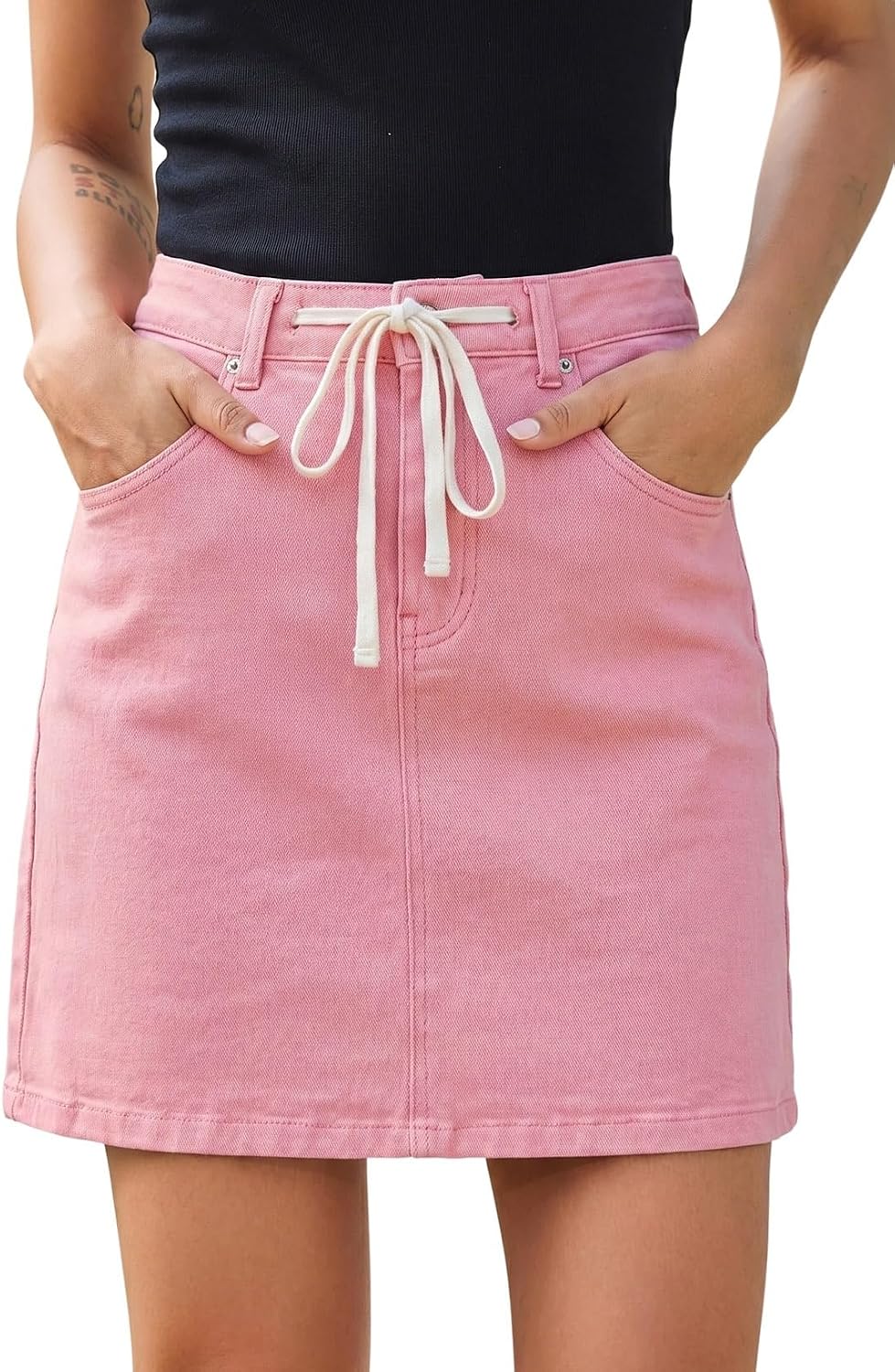 Sidefeel Women's Jean Skirt High Waist Drawstring Stretchy Casual Summer Loose Fit Trendy Mini Denim Skirt with Pockets