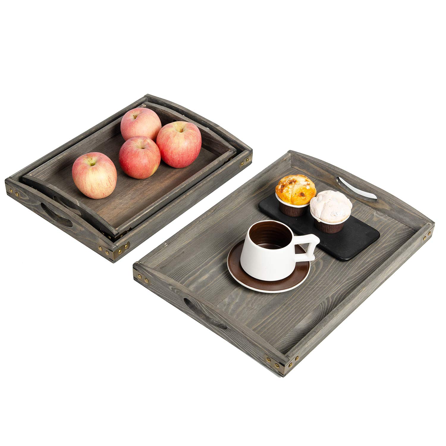 Bandejas de madera rústica para servir desayuno con asas de madera, juego de 3, puede poner alimentos, frutas, platos