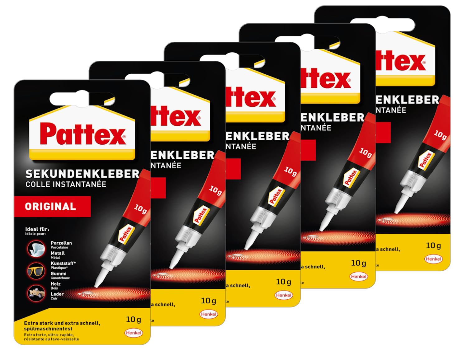 Pattex Sekundenkleber Flüssig, spülmaschinenfester Superkleber für viele Sofortreparaturen, schnelltrocknender farbloser Flüssigkleber, 5x10g