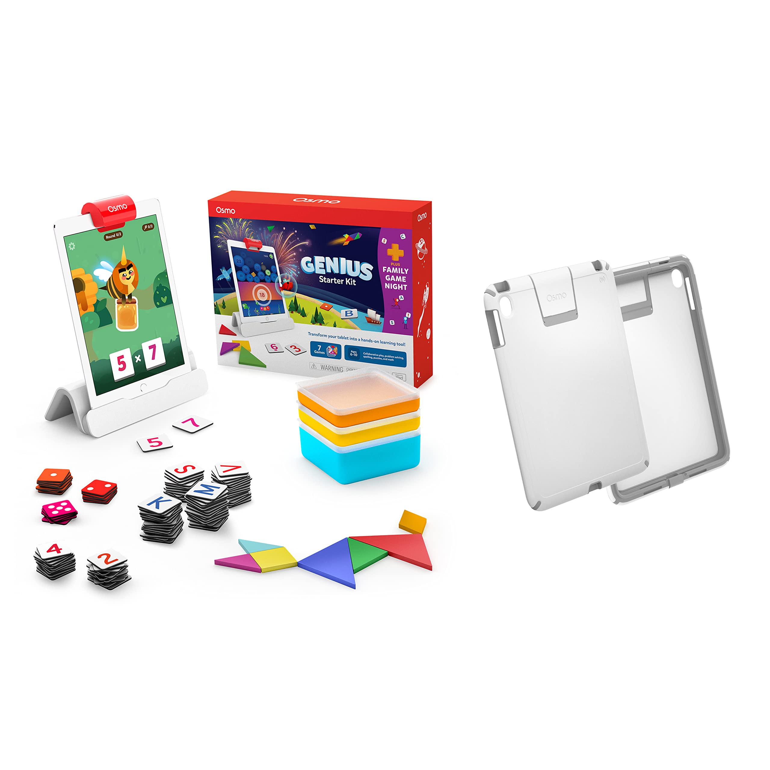 Osmo - Genius Starter Kit for iPad + Family Game Night & Case for iPad - 7 Educational Learning Games for Spelling, Math & More - Ages 6-10 - STEM Toy iPad Base Included - Amazon Exclusive