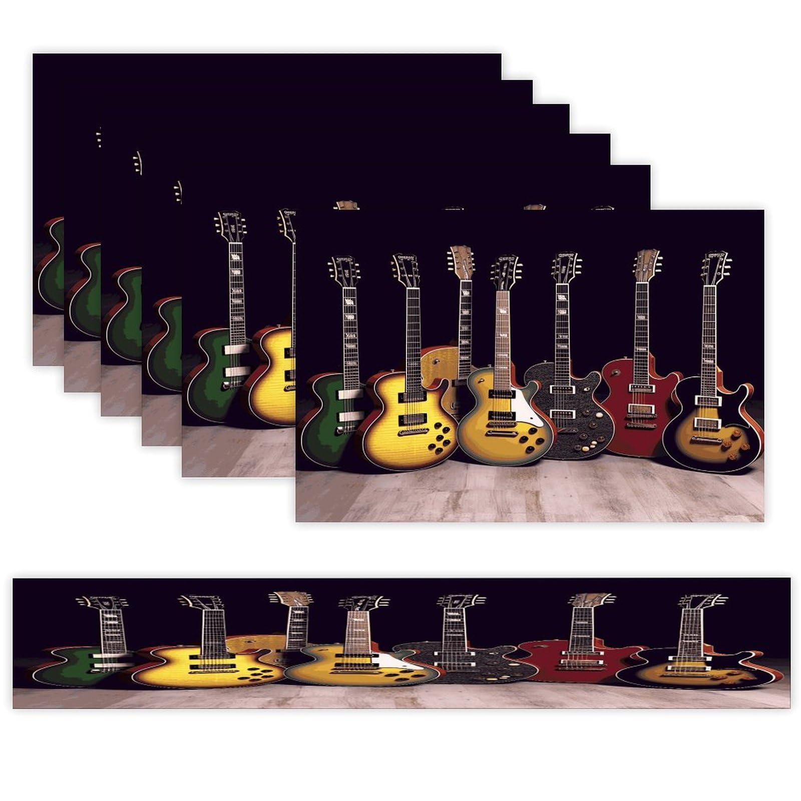 Guitar Collection Table Runner and Placemats Set of 6 for Kitchen Washable Table Mats Heat Resistant Place Mats Non-Slip Place Mat Wipeable Placemat(6 Placemats+1 Table Runner)