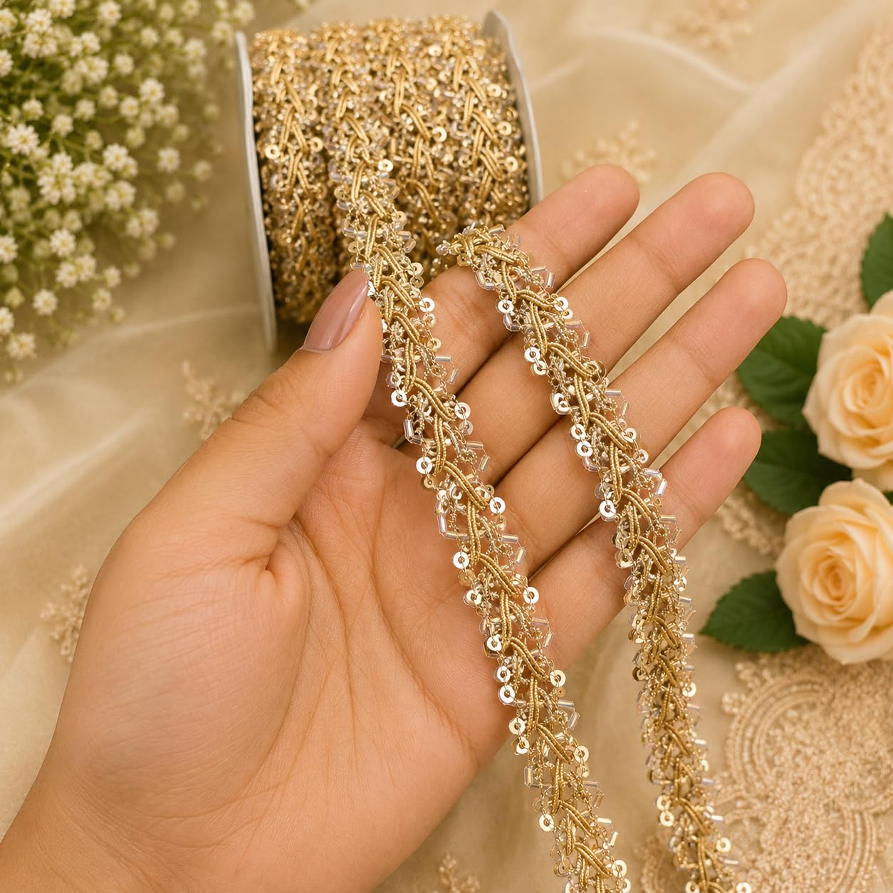 Golden Sequence Lace, Kinari Dupatta Lace, Golden Barik 18 Meter-image-12