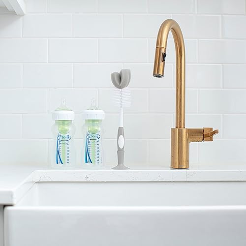 Miniatura 6 de Dr Browns Juego de cepillos de limpieza de biberones de esponja reutilizable con soporte de ventosa limpiador de pezones gris paquete de 3