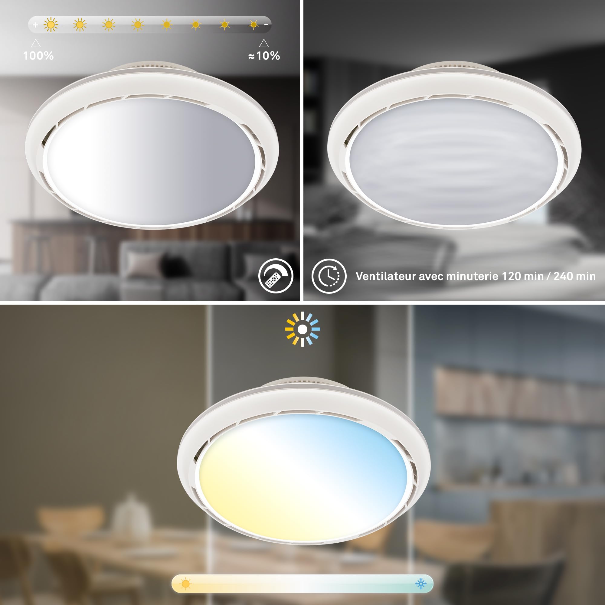 BRILONER - Plafonnier ventilateur de plafond LED avec éclairage, télécommande, 6 vitesses, CCT et intensité réglable, plafonnier LED ventilateur, salon, 44x17,5 cm, noir, blanc
