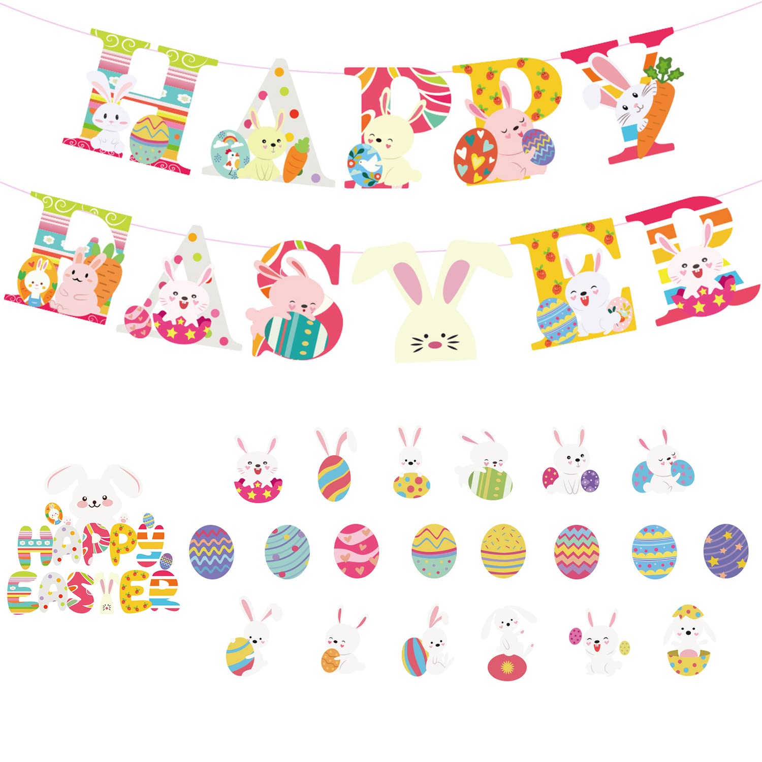 Happy Easter Banner Easter Egg Bunny Cupcake Toppers for Fireplace Mantle Decorations Cute Baby Shower Tea Birthday Party Favors Supply Spring Home Door Wall Decor
