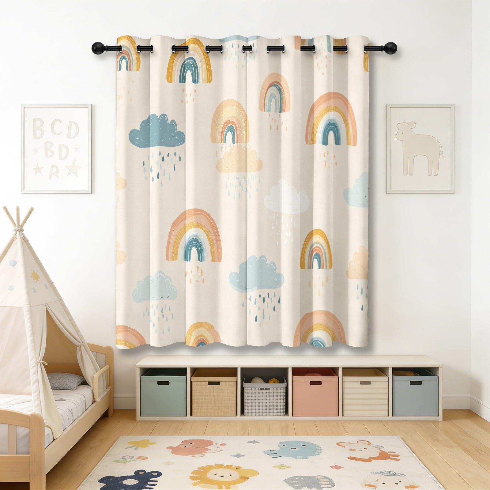 Rideau Occultant Bohême Nuages Lignes Motif Rideaux Thermiques à Oeillets, Rose Tenture Opaque Rideaux Imprimé pour Salon Chambre Enfant Moderne Décoration, 117L X 183H cm (2 Panneaux)