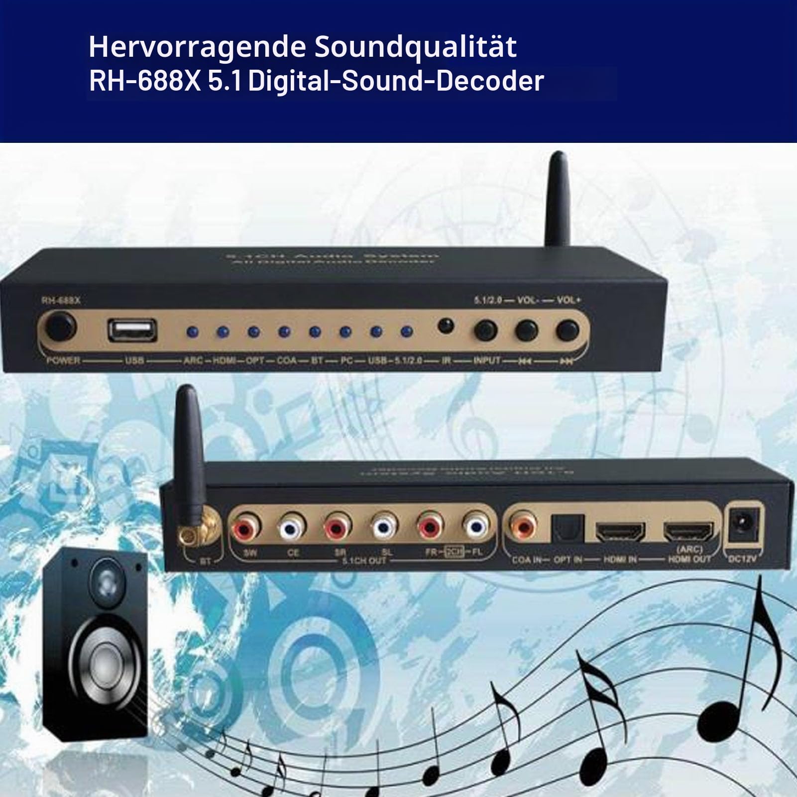 5.1-Kanal-Sound-Decoder, Digitale AC3 DTS LPCM HDCD PCM-Dekodierung, Unterstützt 4K HD Multimedia Interface 2.0b mit 5.0 USB-Wiedergabe, für Heimkino 360 PC Auto (EU-Stecker)