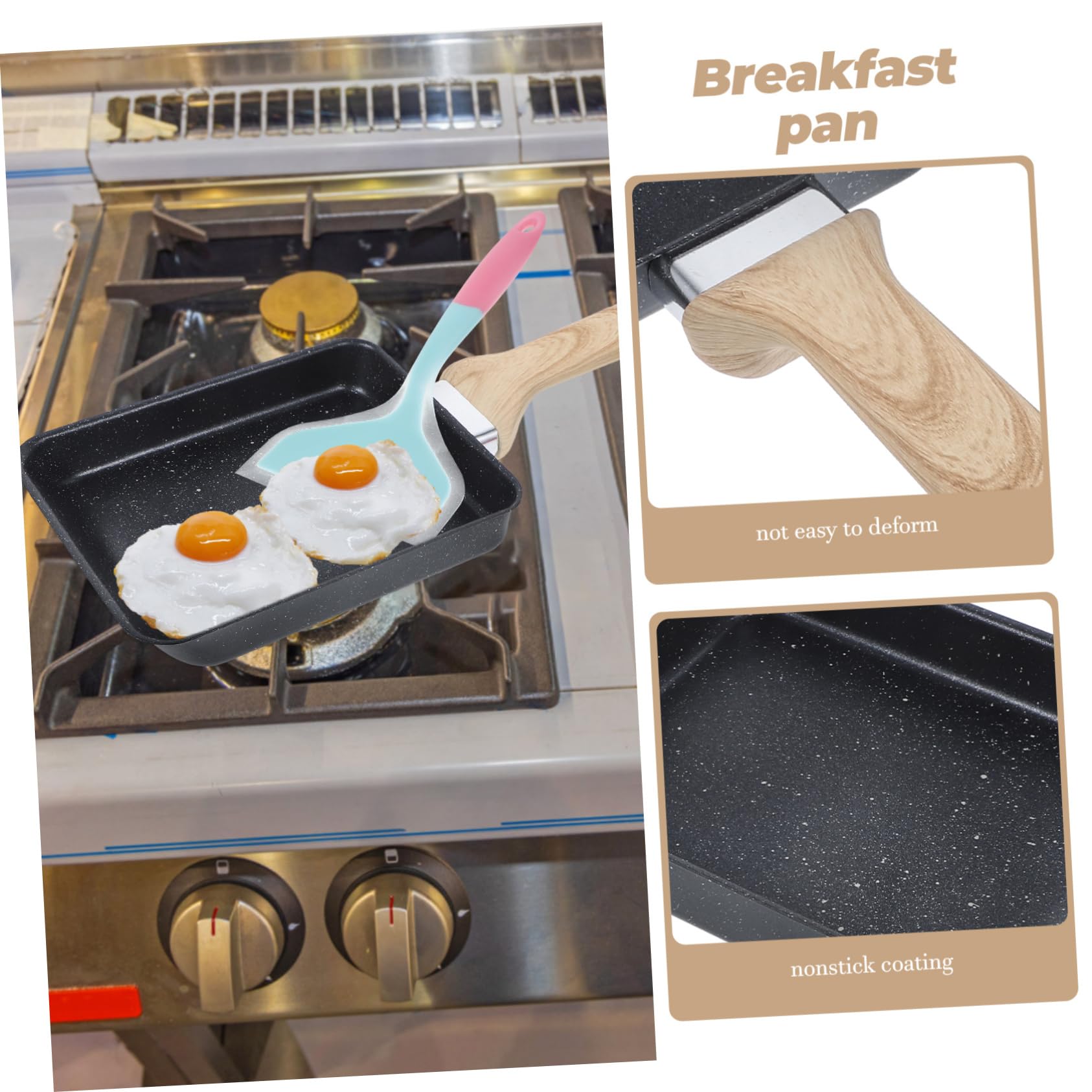 Padella Giapponese per Frittata Antiaderente Spatola in Silicone, Manico in Legno, Rettangolare, per Cucina di Casa