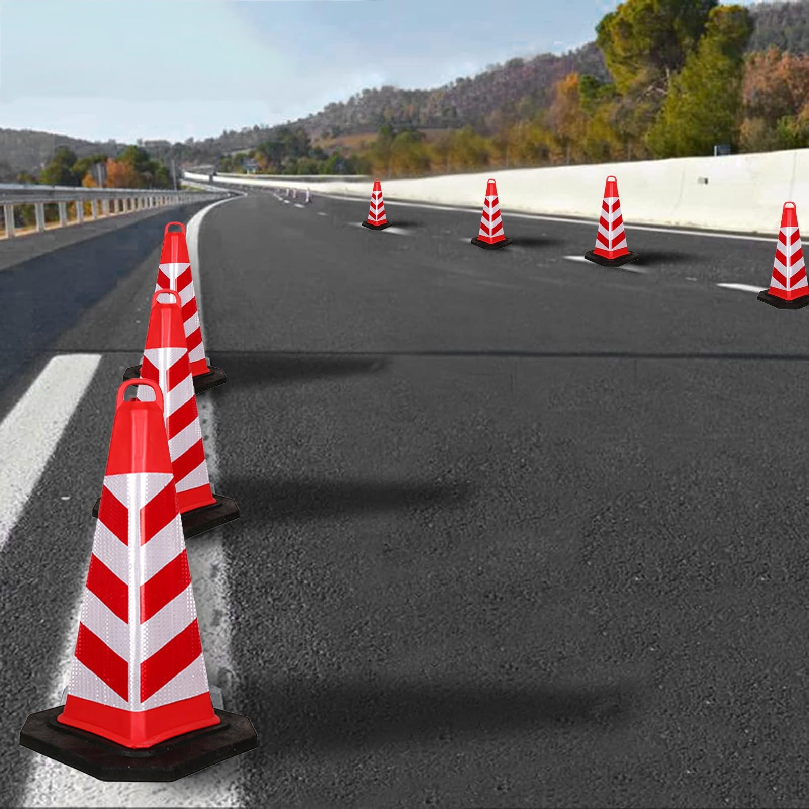 Cônes de sécurité réfléchissants durables, borne de signalisation en caoutchouc avec poignée, barrière de stationnement et de chantier polyvalente, cône de sécurité routière (rouge, 1 pièce)