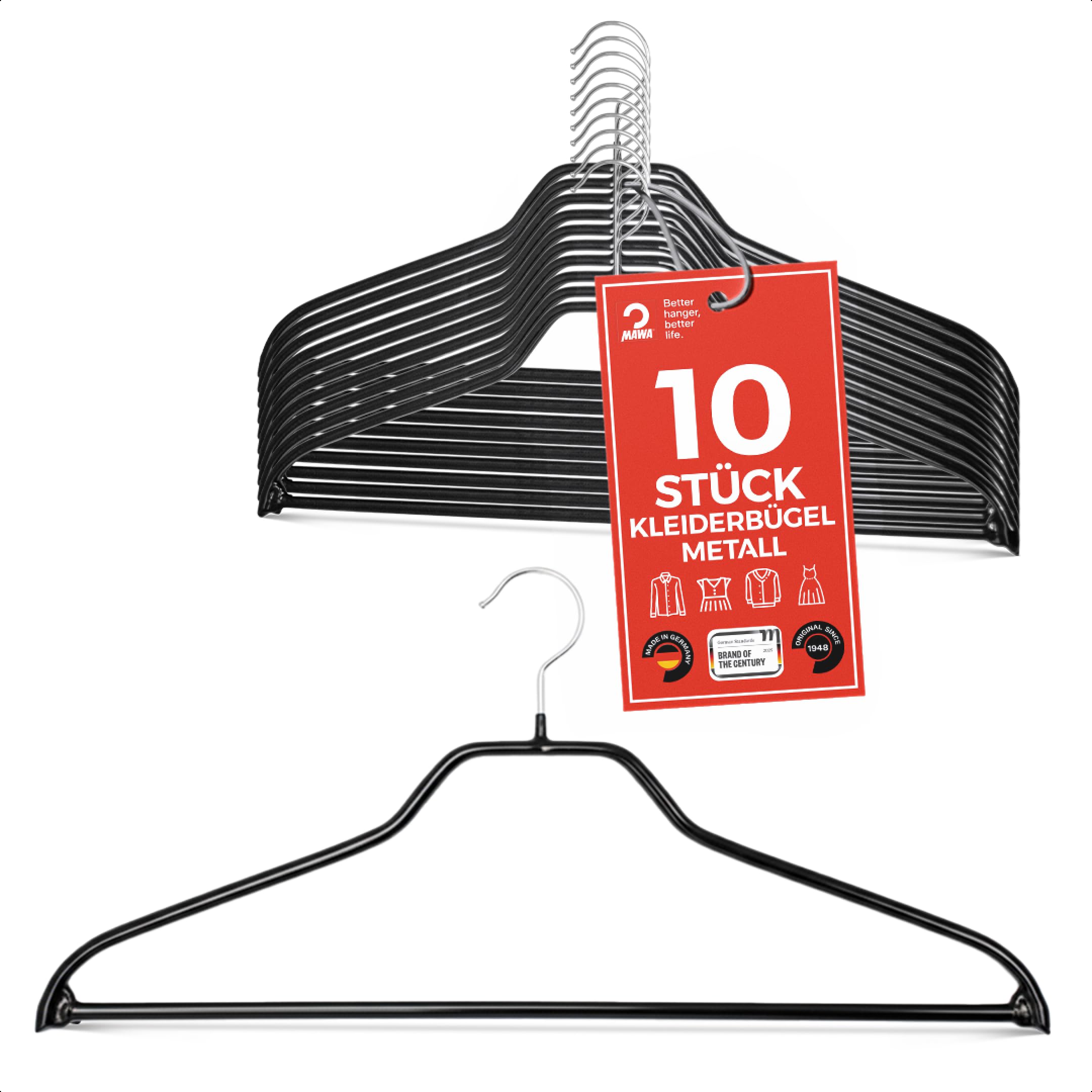 MAWA Kleiderbügel Silhouette FS, Set aus 10 platzsparende und rutschfeste Kleiderbügel mit Hosensteg, ideal für Hemden, Jacken, Hosen & Anzüge, 45 cm, Schwarz