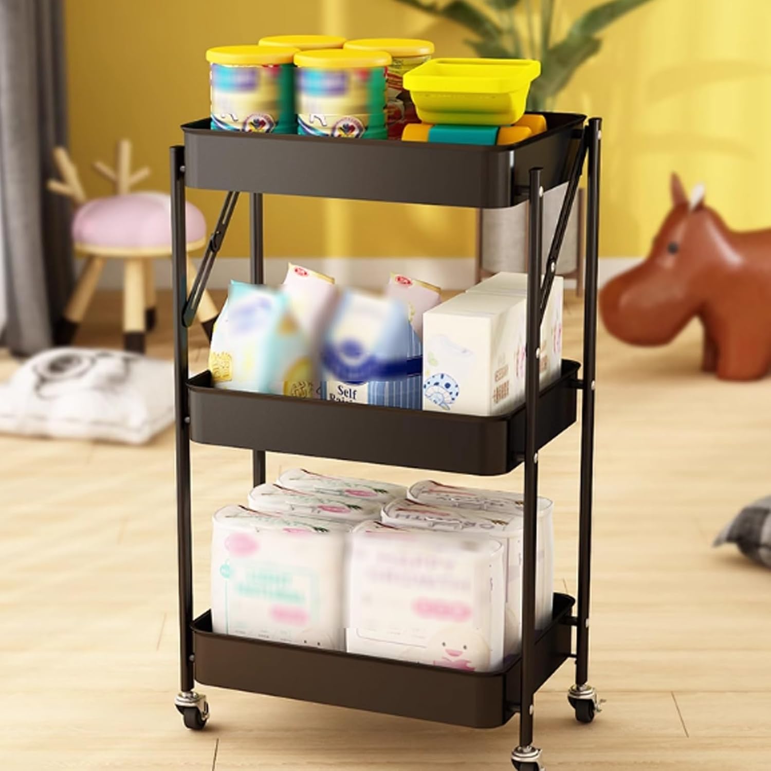 Storage Trolley Kitchen Movable Folding Trolley, Storage Rack, Multi-Layer Floor, Living Room Snack, Vegetable Basket Shelving Organizer(Green)