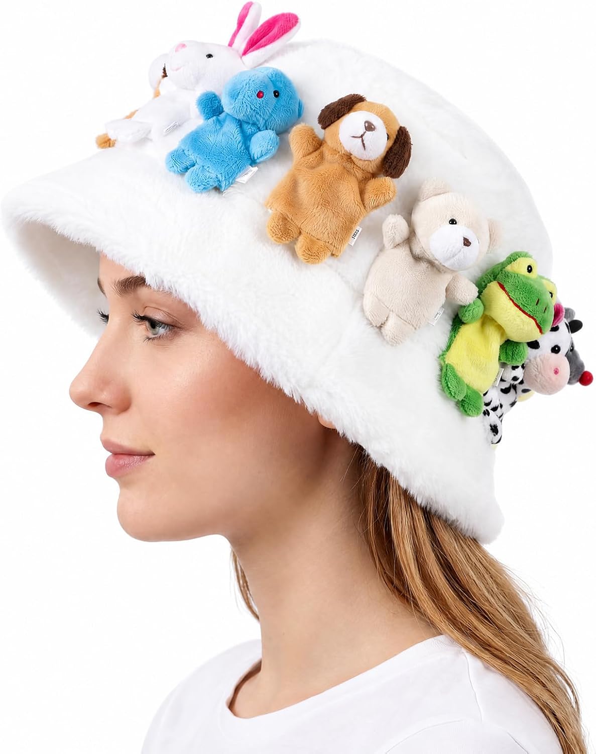 Janmercy White Faux Fur Plush Bucket Hat with 3D Mini Stuffed Animals