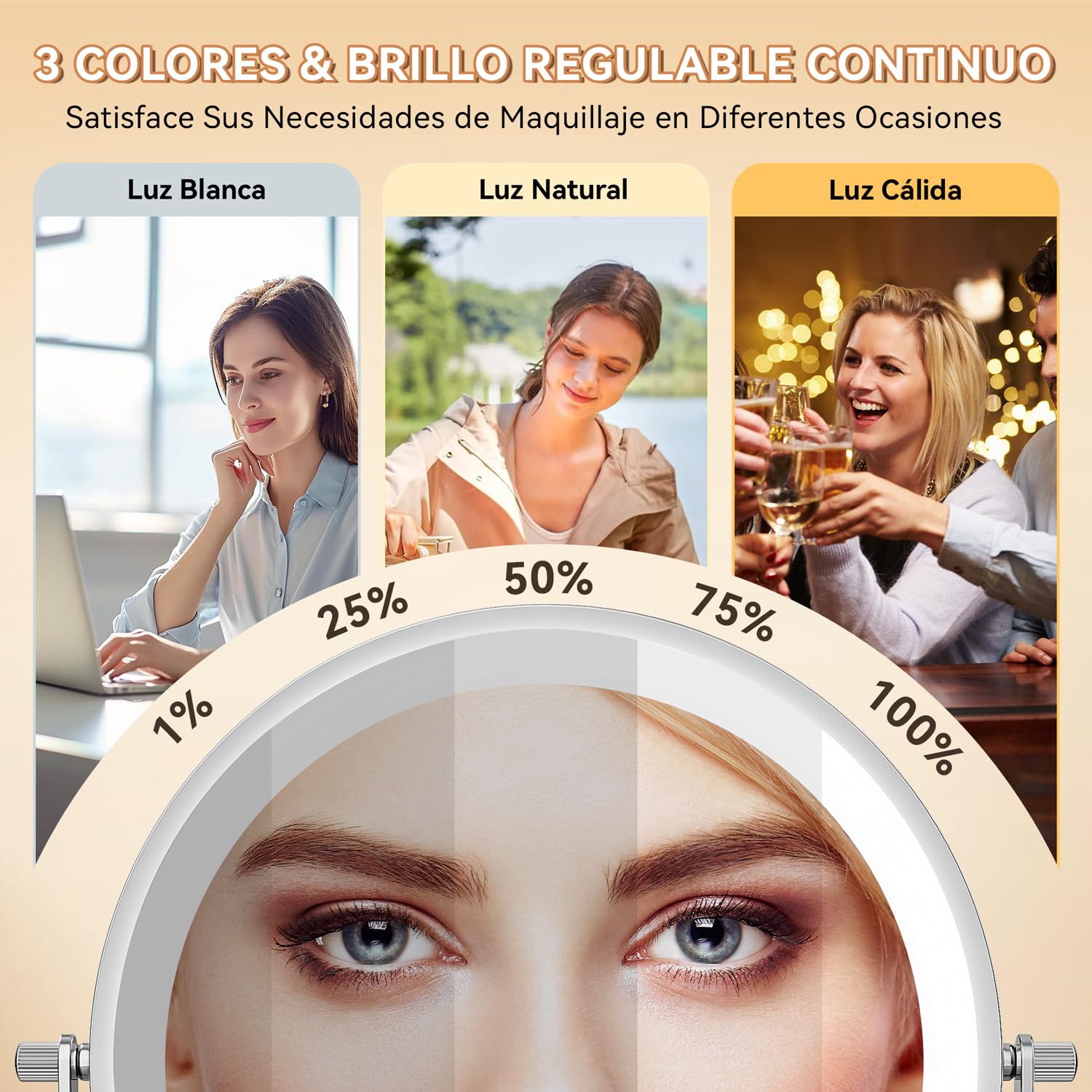 Auxmir 8″ Espejo Maquillaje con Luz para Pared Recargable 3200mAh, 1X/30X Aumento Doble Cara Giratorio 360° Brazo Extensible, 3 Colores y Brillo Regulable, para Baño Hotel, Plata