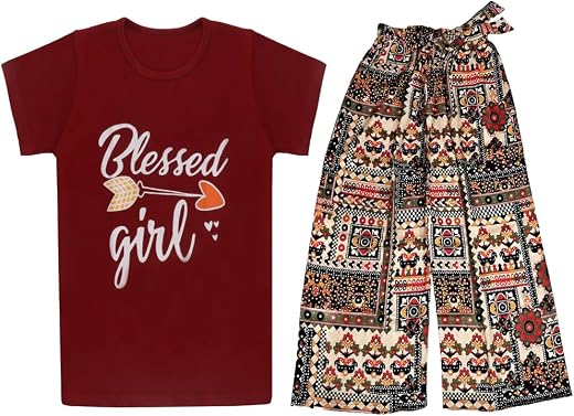 Snowball Regular Fit Printed Palazzo Pant and T-Shirt Top Set for Girls Combo Pack of 2.