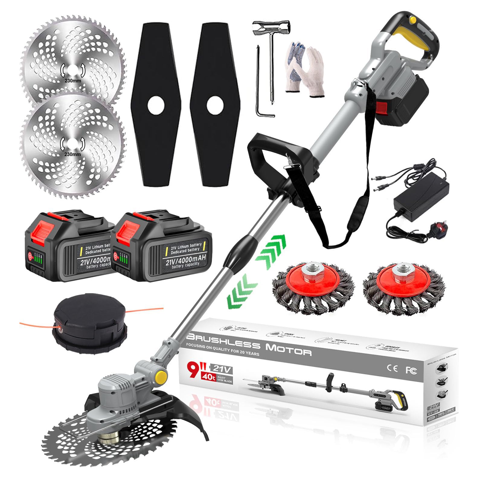 Débroussailleuse sans fil avec brosse à mauvaises herbes 21 V avec 2 batteries de 4,0 Ah et chargeur électrique sans balais 4 en 1 pour débroussailleuse télescopique réglable Gris