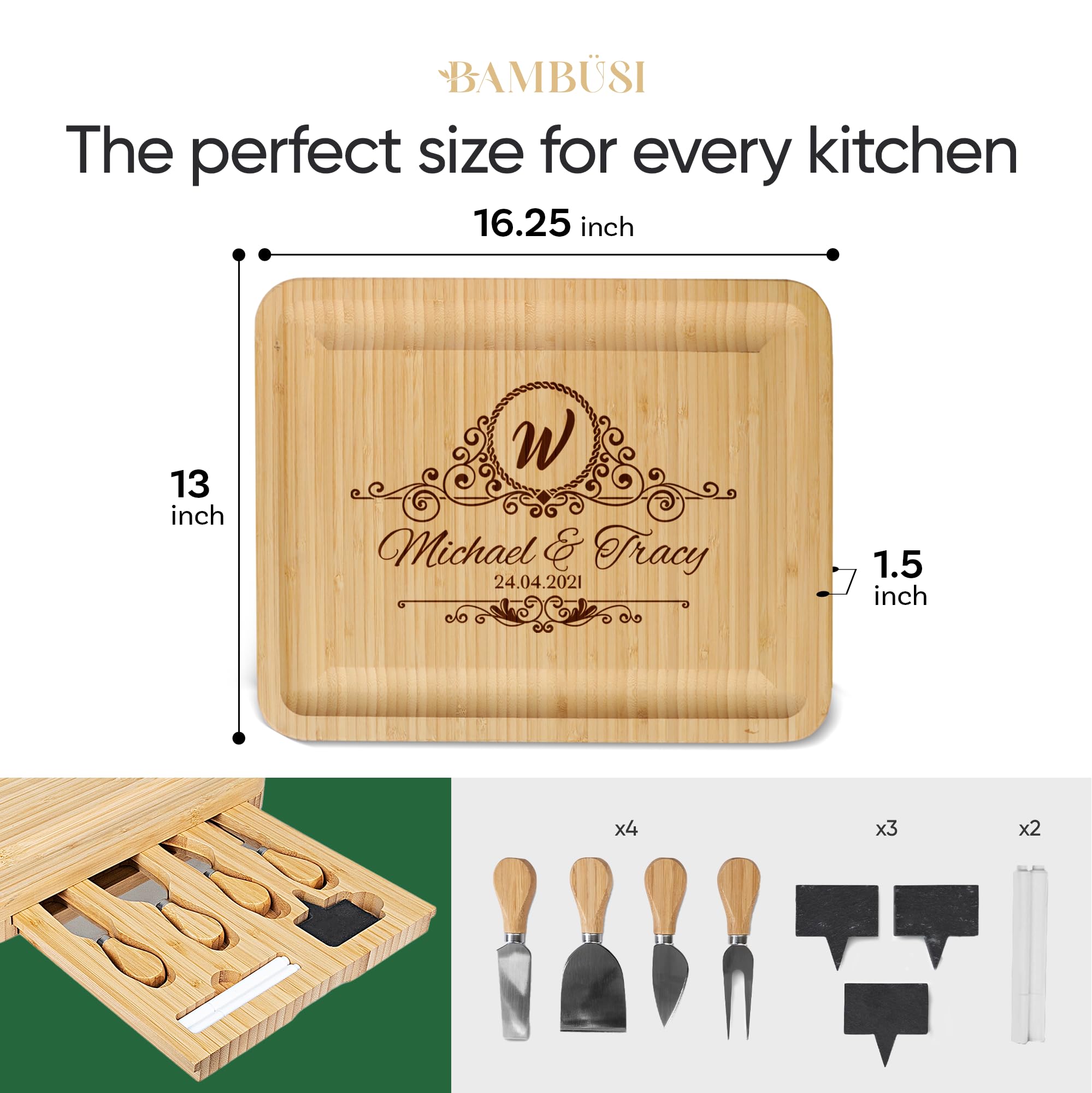 Charcuterie Boards Gift Set - Bamboo Cheese Board Set Charcuterie Tray & Serving Platter for Hosting & Entertaining, Wooden Cheese Platter, Kitchen Gifts for Women, Gifts for Home, Wedding & Birthday: Engraved Board with 2 Drawers