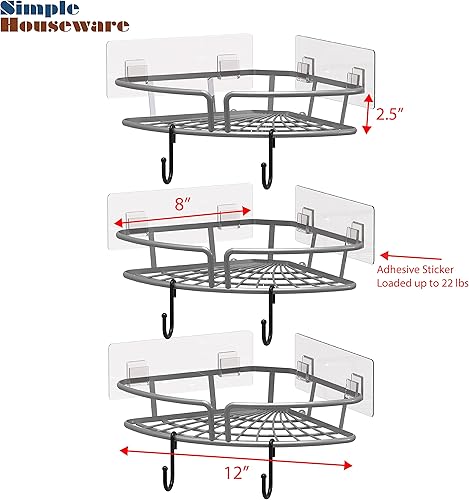 Miniatura 4 de Simple Houseware Soporte de pared adhesivo para baño, estante esquinero de un solo nivel, color plateado (juego de 3)