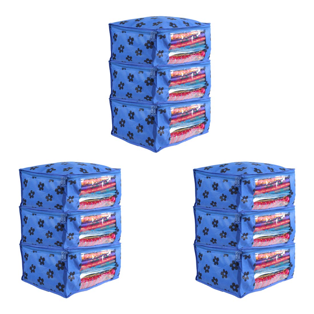 PrettyKrafts Pack of 9 Non Woven Large Flower Prints Saree Cover/Wardrobe Organizer With Transparent Window And Zip/Clothes Storage Bag For Women's Lehenga, Suit Saree & Other Accessories, Blue