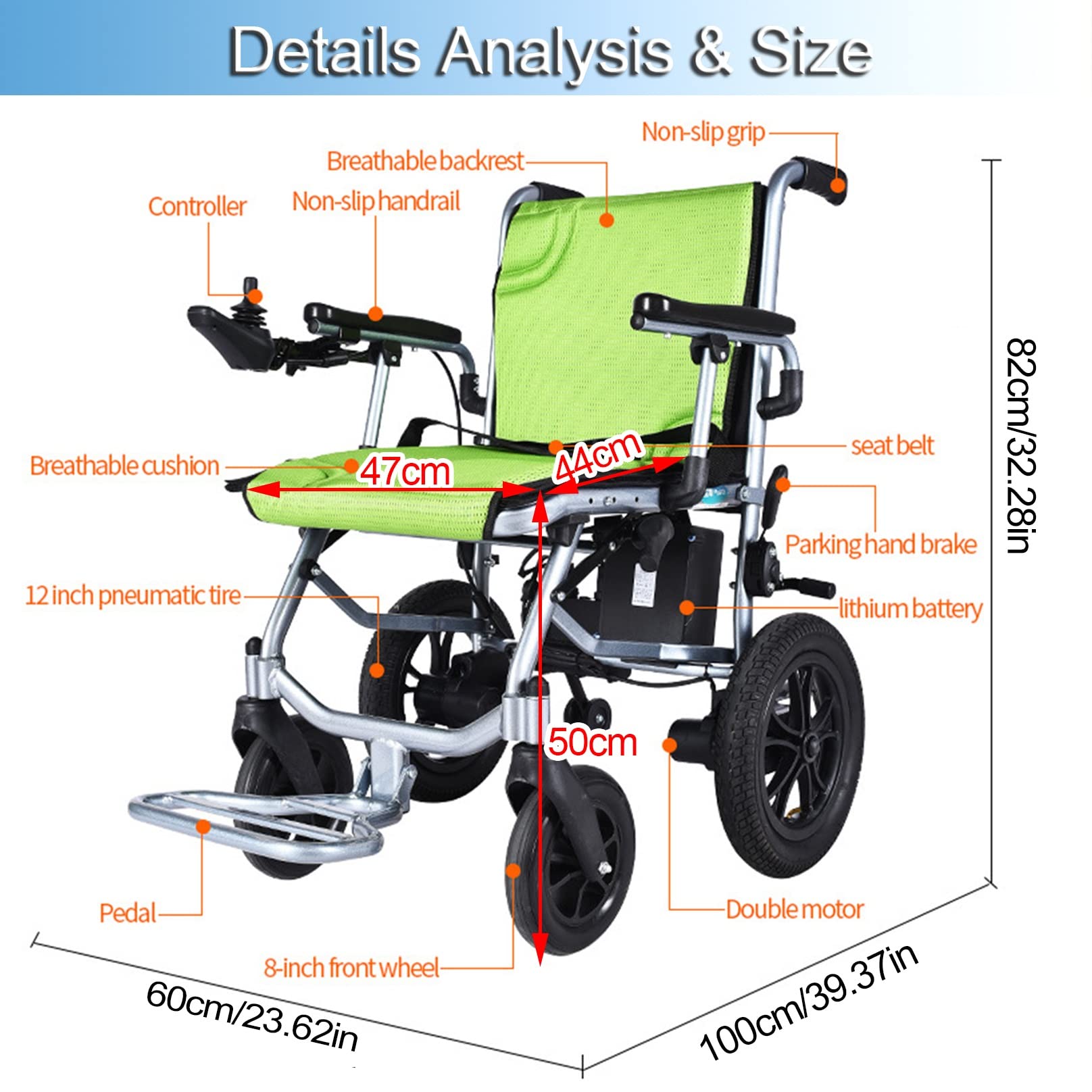 Elektryczny Wózek Inwalidzki Dla Dorosłych - Lekki, Składany, Z Napędem Elektrycznym, Terenowy, Przenośny Dla Seniorów (Color: Green)