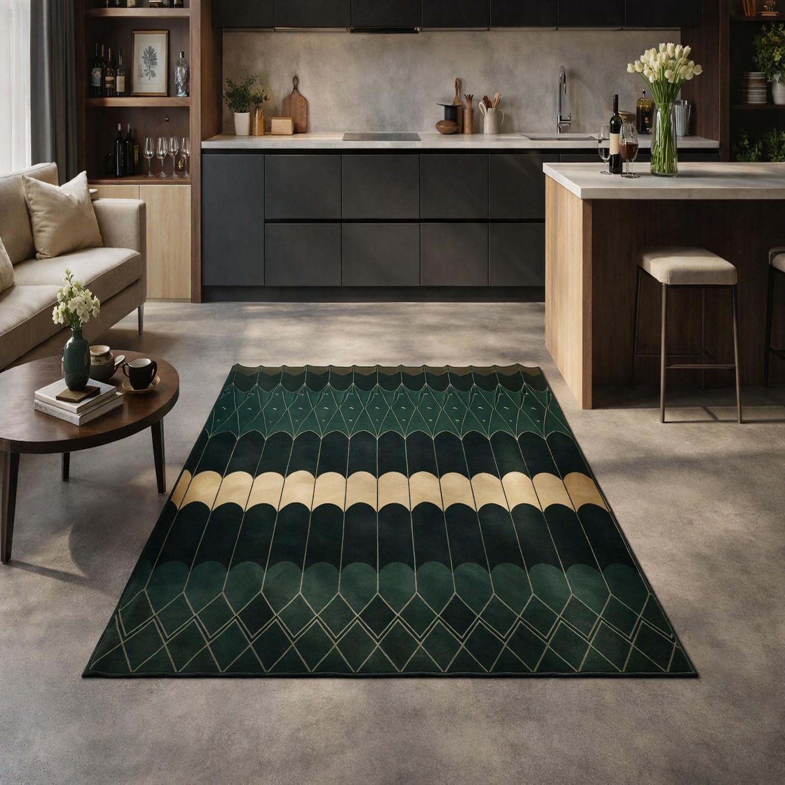 Tapis de salon vert moderne lavable 120x160cm facile d'entretien pour poils ras