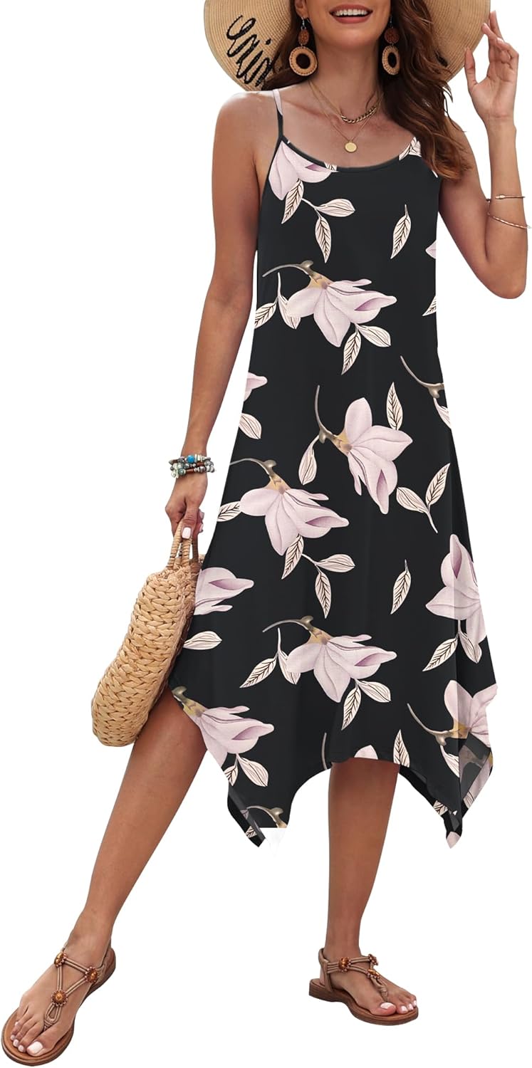 AUSELILY Women's Summer Dresses 2026 Casual Sleeveless Spaghetti Strap Sundress Asymmetrical Midi Dress with Pockets