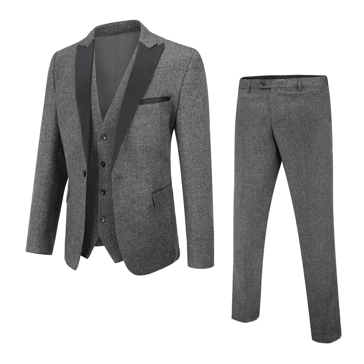 YOUTHUPMen's Slim Fit 3 Piece Peak Lapel Suit Elegant Wedding Tuxedo Blazer Pants Vest (Grey, M)