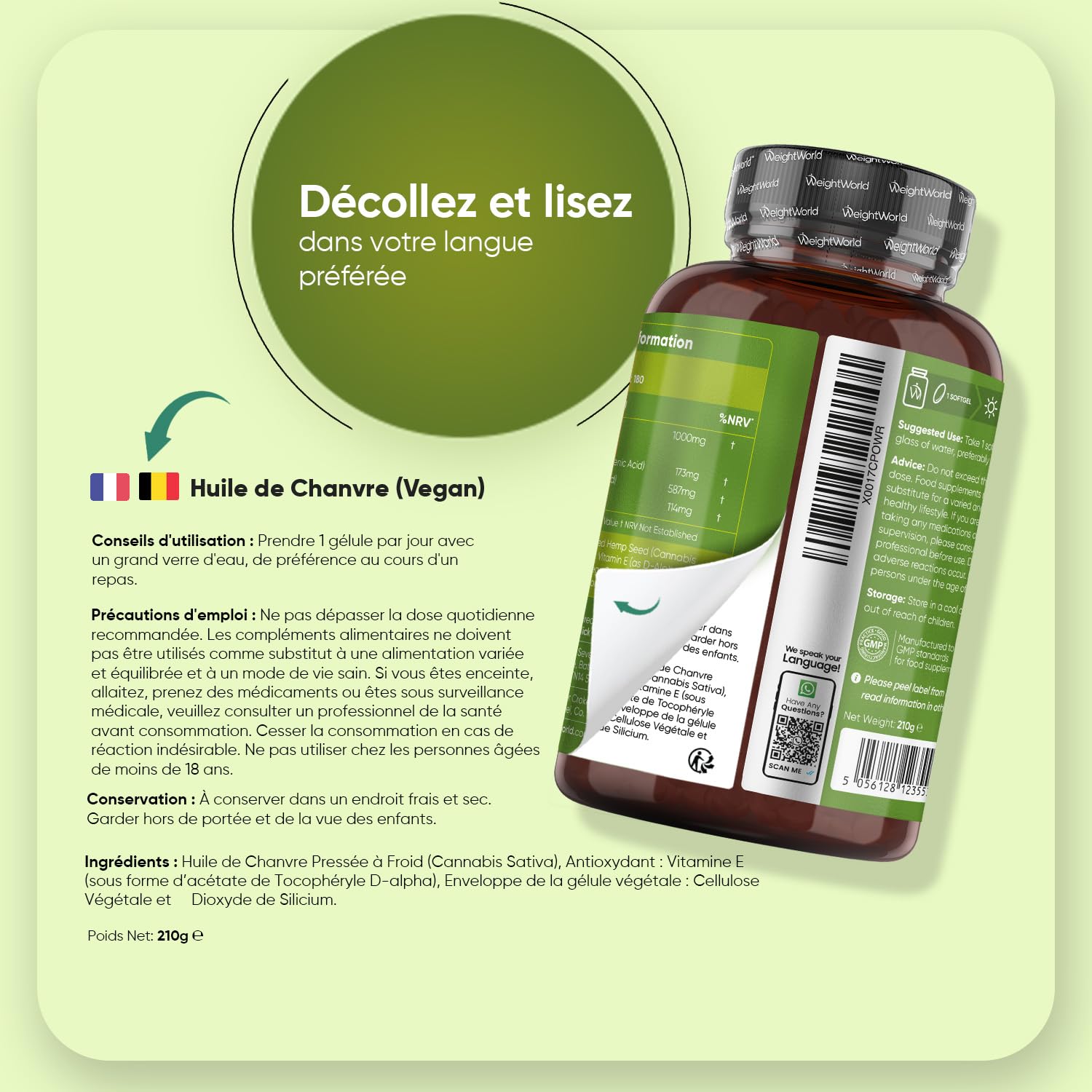 Huile de Graines de Chanvre 1000mg, 180 Gélules Omega 3 Vegan (6 Mois), Huile de Graines de Chanvre Pressées à Froid Riche en Omega 3 6 9 avec Acides Gras Essentiels et Vitamine E sans Arrière Goût