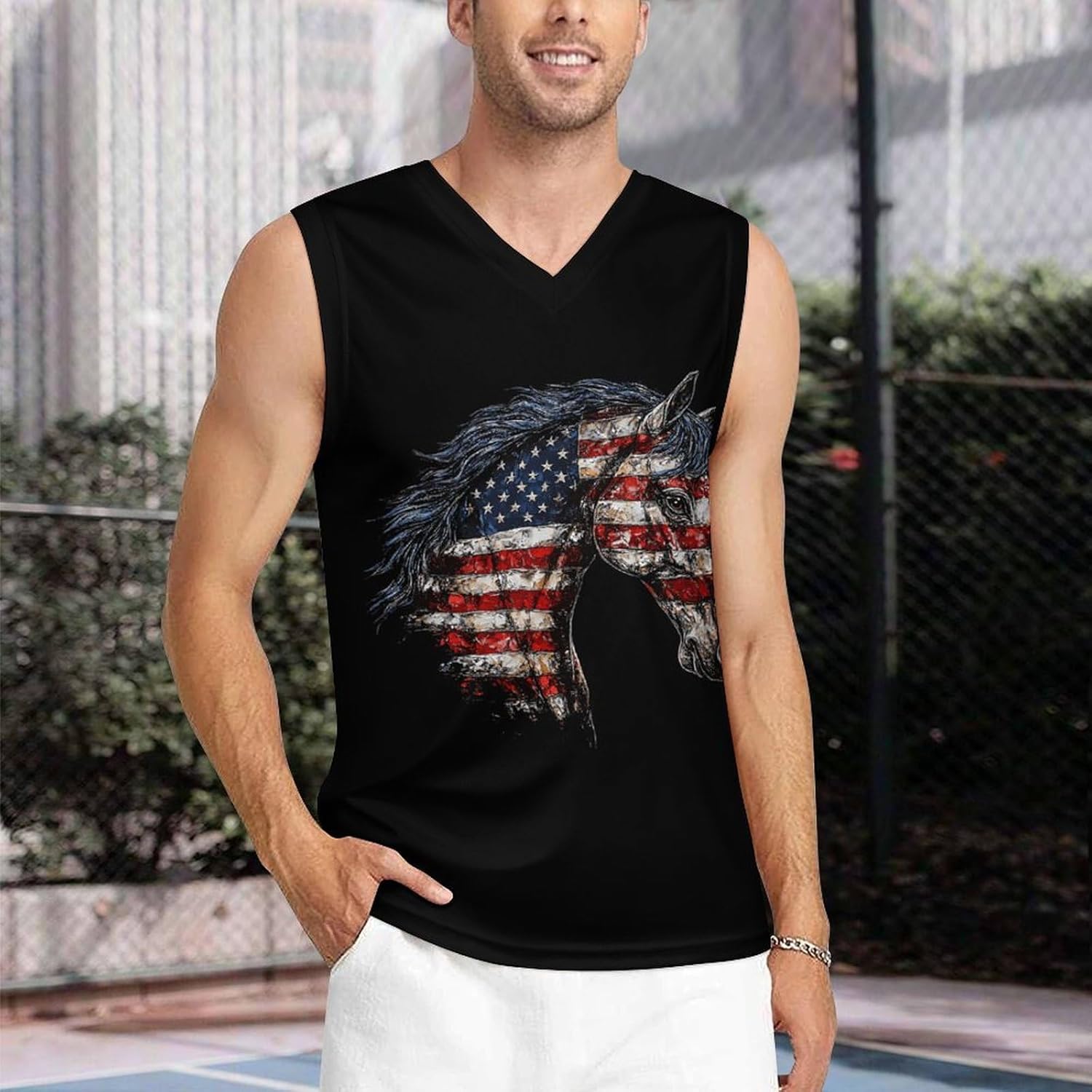 Horse with U.S.A Flag Men's V-Neck Basketball Tank Top Sleeveless Workout Tank Shirts Gym Fitness Tees Vest