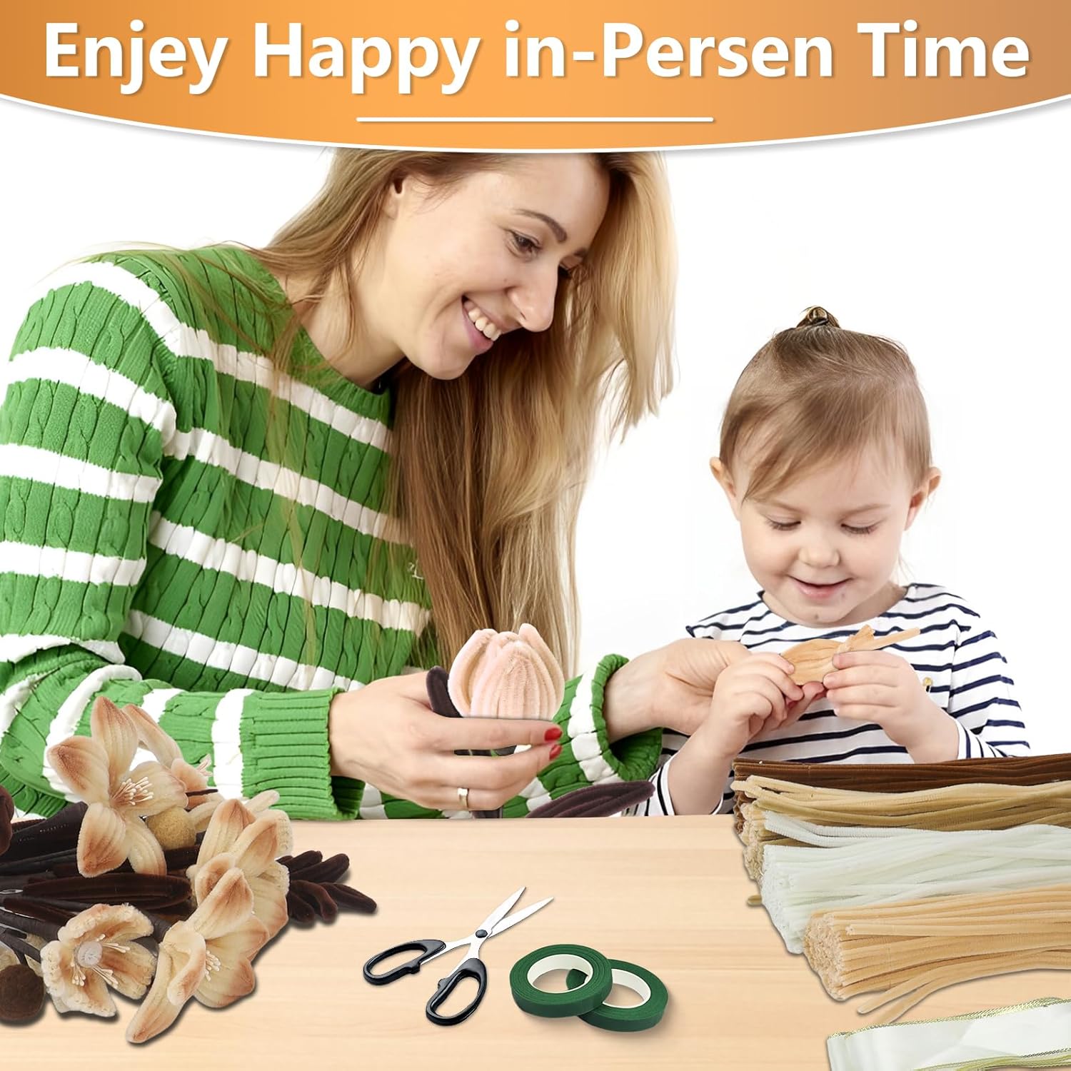 400 Pcs Pipe Cleaners Craft,5 Assorted Colors Pipe Cleaners Bulk, Chenille Stems for DIY Flower Making Kit with Floral Wires, Gardening Tape,Stamen& Ribbon (Brown)