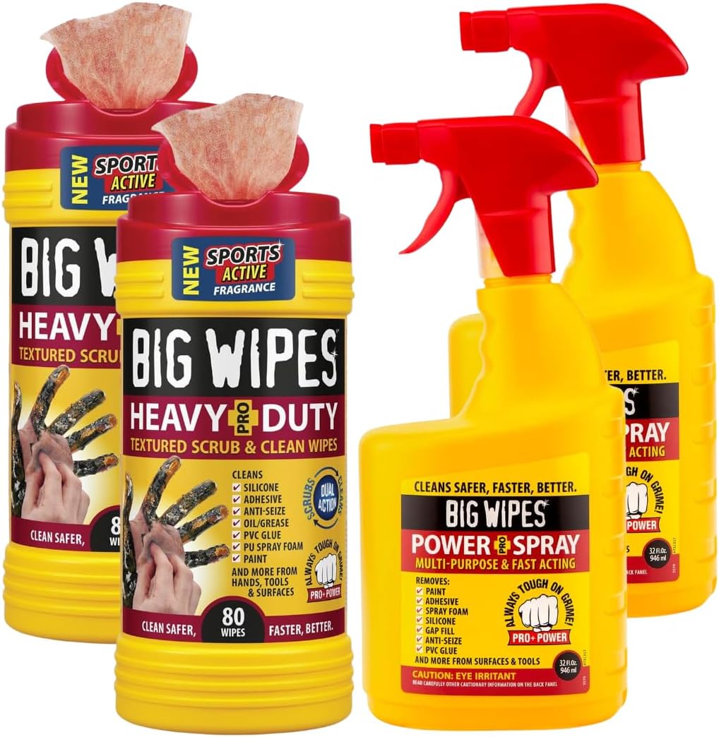Big Wipes Workshop Performance Kit: 2 Pack Heavy Duty Industrial Hand Cleaning Wipes with 2 Pack Power Spray Heavy Duty Cleaning Solution for Garages, Workshops and Professional Shops