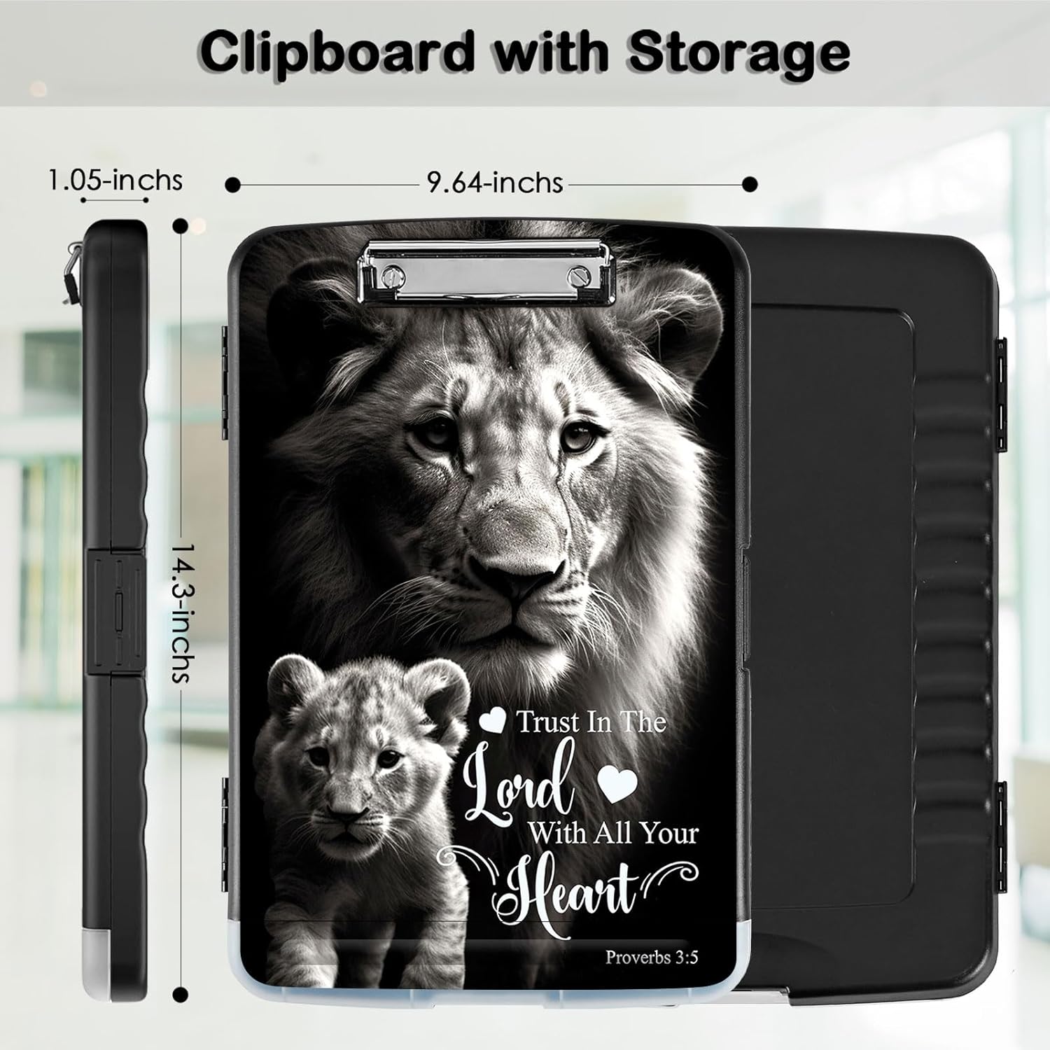 Clipboard with Storage,Office Supplies Nursing Clipboards Folder with Pen Holder Plastic Storage ClipBoard Foldable for Teacher Nurse,Lion Proverbs 3:5