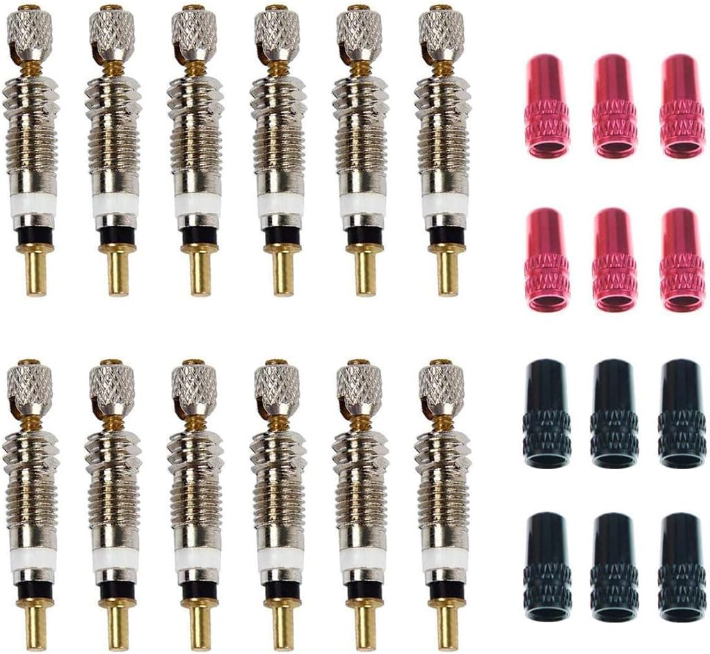 Presta Valve Core(12 Pack) and 12 Anodized Alloy Presta Valve Caps for Tubeless Road & MTB Bike Works w/Stan's, Vittoria, Continental, Kenda & More. No-Leak Replacement Presta and Schrader Valve Cor