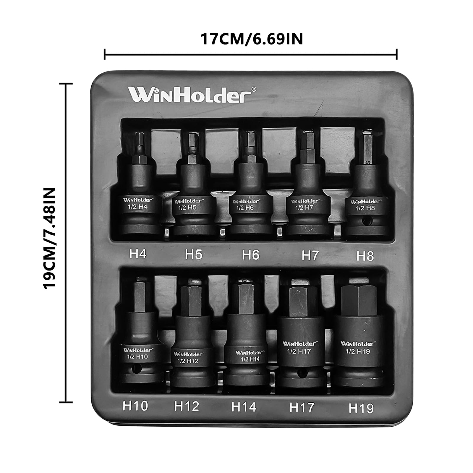 WinHolder 10Peices Impact HEX BIT Socket Set H4-H19 1/2" Drive 4mm to 19mm Tools - Image 4