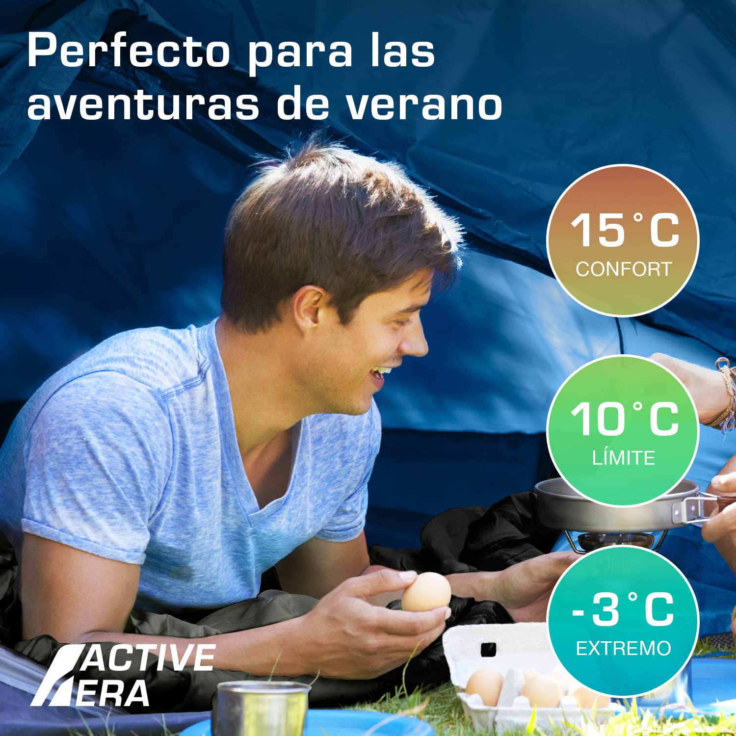 Active Era Saco de Dormir Ligero, 950 g, cálido, Transpirable para Adultos y niños. 10°C a 15°C, Uso Extremo -3°C. Campismo, Viajar, Senderismo, Interior y Exterior - 190 x 75cm