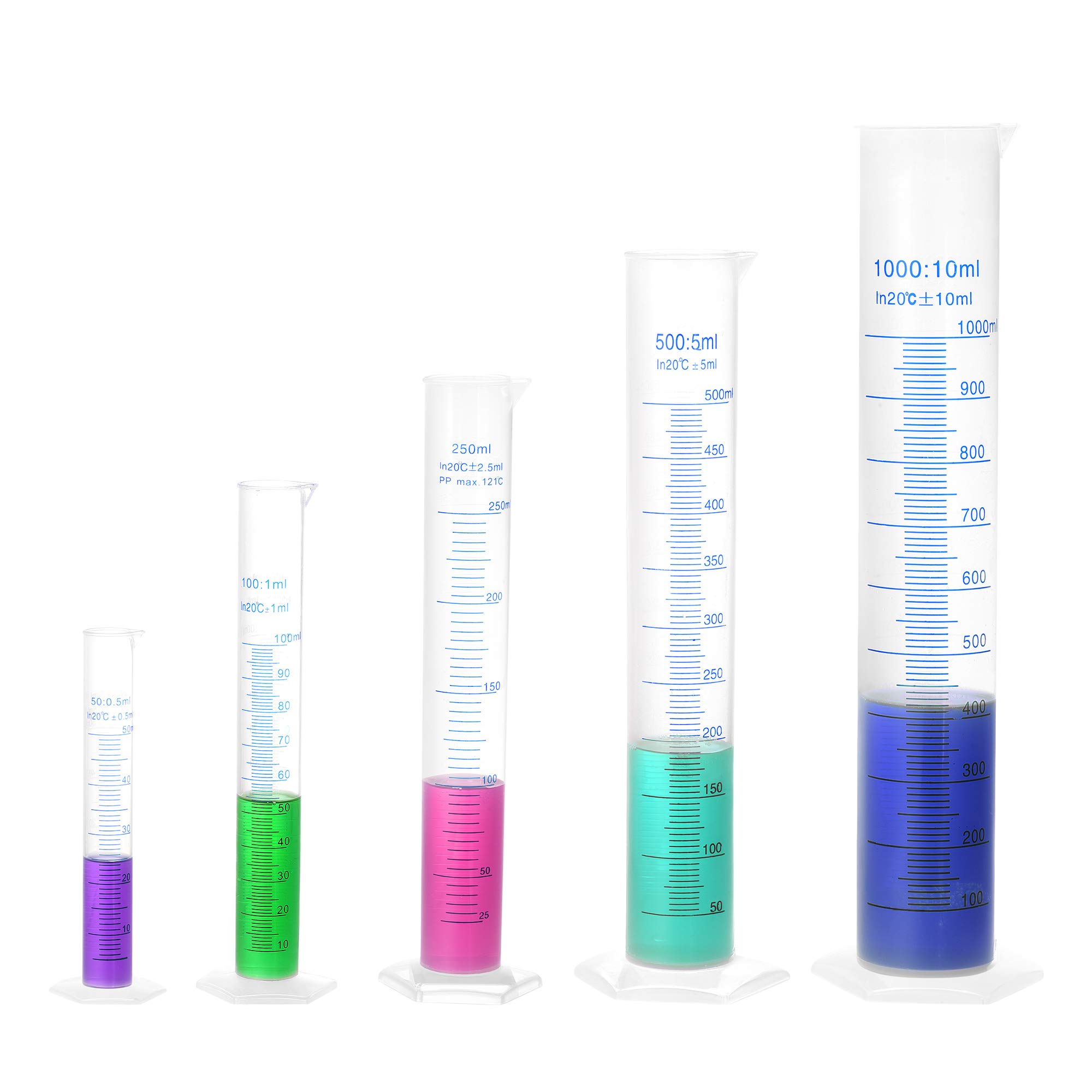sourcing map Plástico Graduado Cilindro, 50ml 100ml 250ml 500ml 1000ml Medición Cilindro, Doble Cara Métrico Marcado, Transparente Hexagonal Base, 5 En 1 Juego