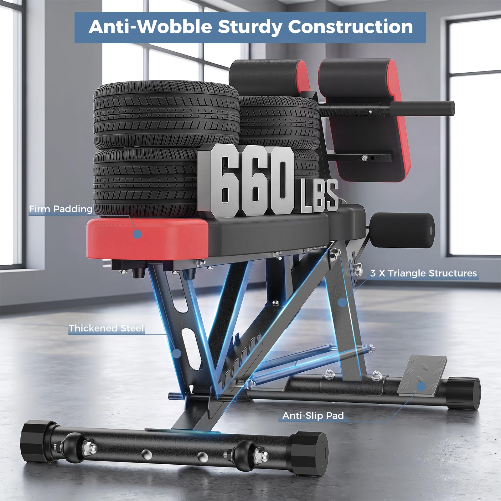 Adjustable Weight Bench, 660 LBS Workout Bench Press with 2 Wheels | Heavy Duty Chest Press Machine for Home Gym with Hyper Back Extension, for Incline Decline Sit Up Flat
