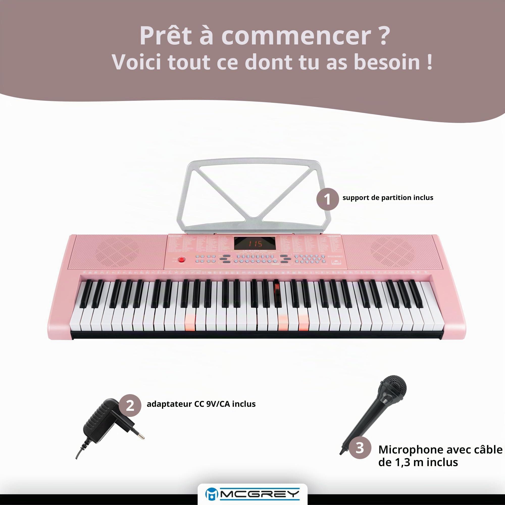 Clavier À Touches Lumineuses McGrey LK-6120-MIC Avec Micro – Set, 255 sons | Clavier pour débutants avec 61 touches lumineuses, 255 rythmes, 61 sons de percussion, 50 morceaux démo, Sustain/ Vibrato