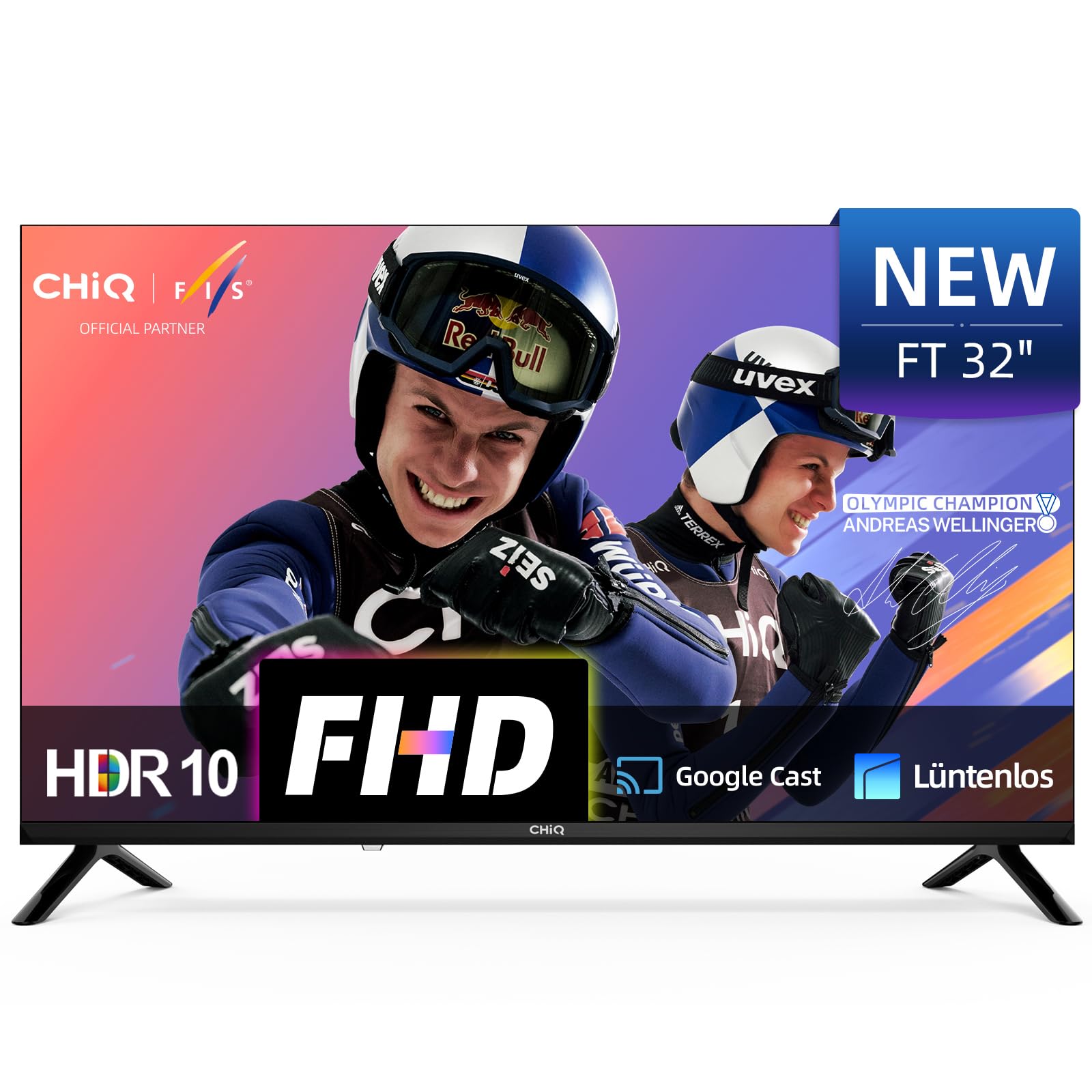CHIQ 32 Zoll (81 cm) Smart TV, Full HD, HDR10, TV mit WLAN, Triple Tuner DVB-C/T2/S2, Dolby Audio & dbx-tv, Google Home, Prime Video, Chromecast, Rahmenloses Metalldesign, LF32FT
