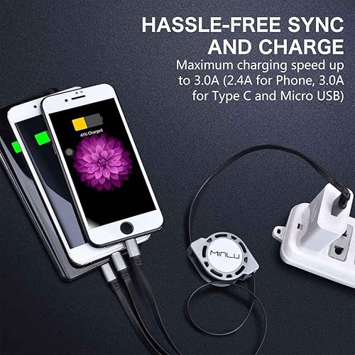 Miniatura 3 de Cable de carga retráctil 3A, paquete de 3 cables de carga múltiple de 4 pies, cable de carga múltiple 3 en 1, cable USB múltiple con IPtipo Cpuerto