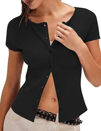 Micoson Womens Y2k Tops Button Down Short Sleeve Shirts Lightweight Summer Cardigans Slim Fit Ribbed Blouse