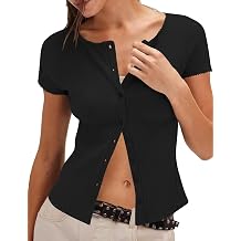 Micoson Womens Y2k Tops Button Down Short Sleeve Shirts Lightweight Summer Cardigans Slim Fit Ribbed Blouse