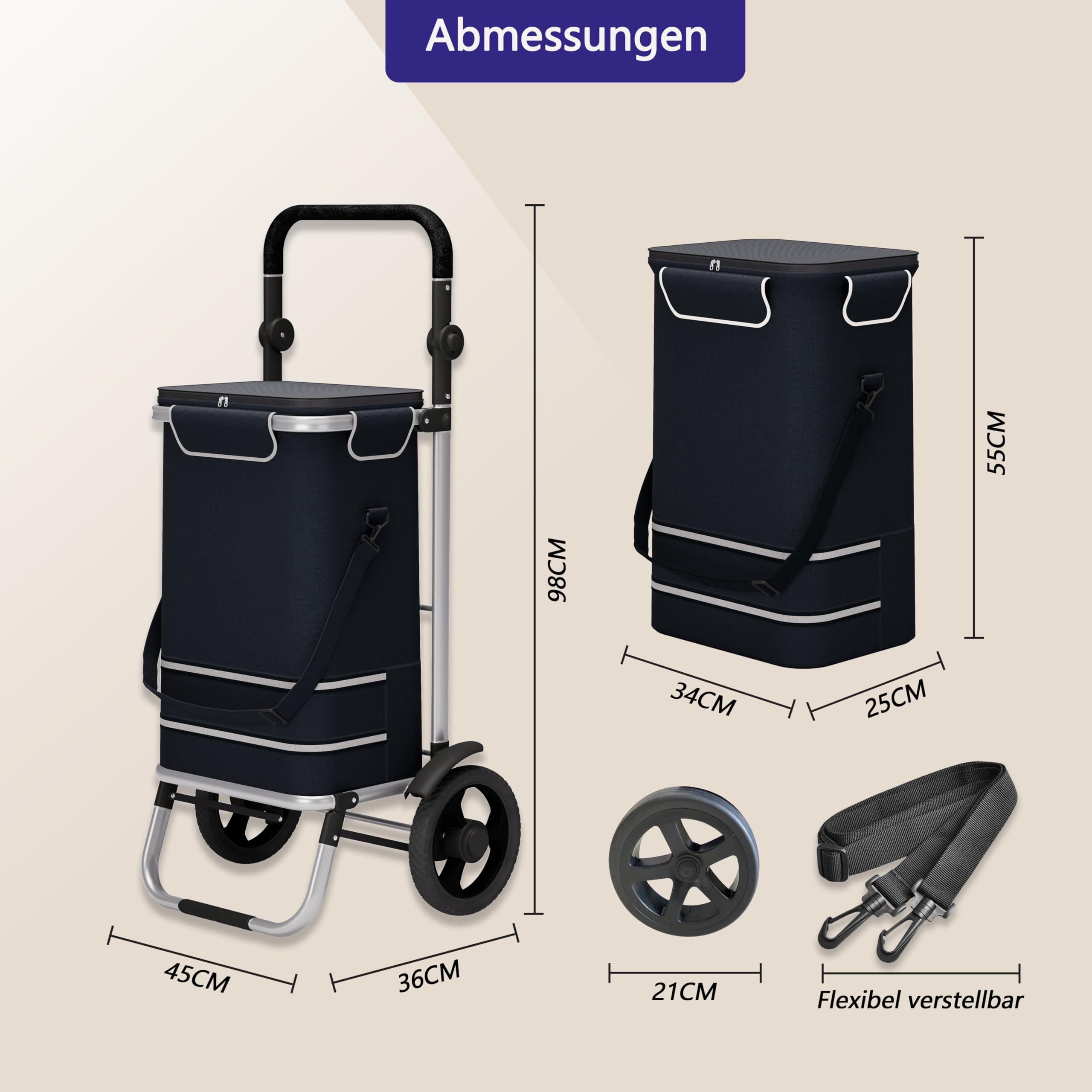 Einkaufstrolley 64L groß - Einkaufswagen klappbar, Trolley bis 60kg, Einkaufstasche mit Rollen und Kühlfach, Einkaufsroller mit Reflektor, Handwagen inkl. Einkaufswagenchip, Schwarz