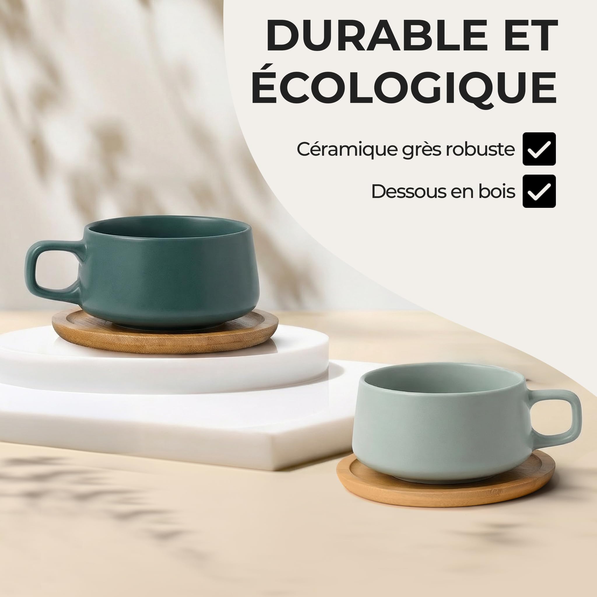 MIAMIO - 4 x 320 ml tasses à café/set de tasses et soucoupes/tasses à café en grès élégantes et modernes - Set Luxe collection 4pcs (Evergreen)