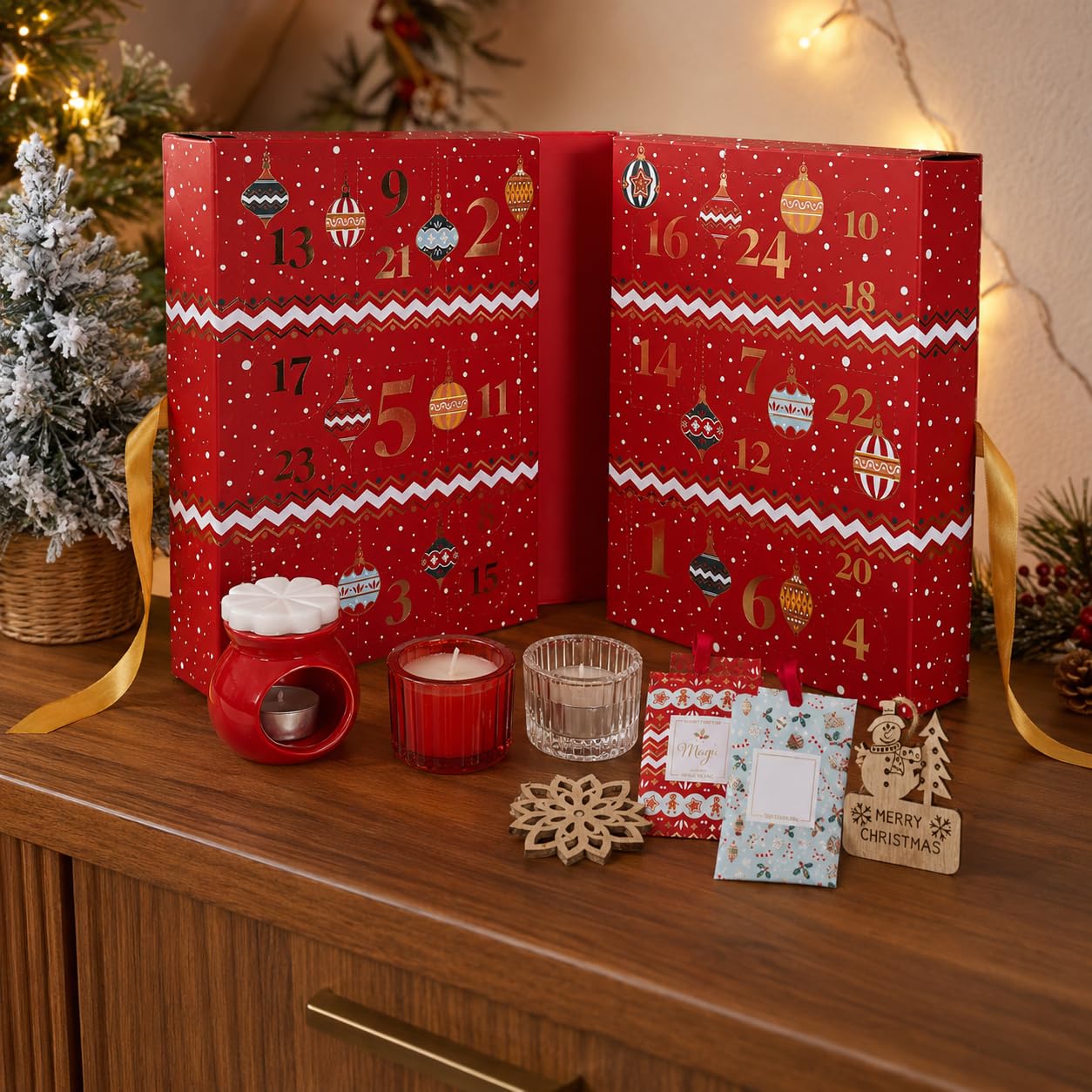 Großer Weihnachts-Adventskalender mit 24 Überraschungen – Kerzen und Weihnachtsdekoration – Adventskalender für Erwachsene – Für Frauen und Männer – 34 x 25 x 14 cm – Rot