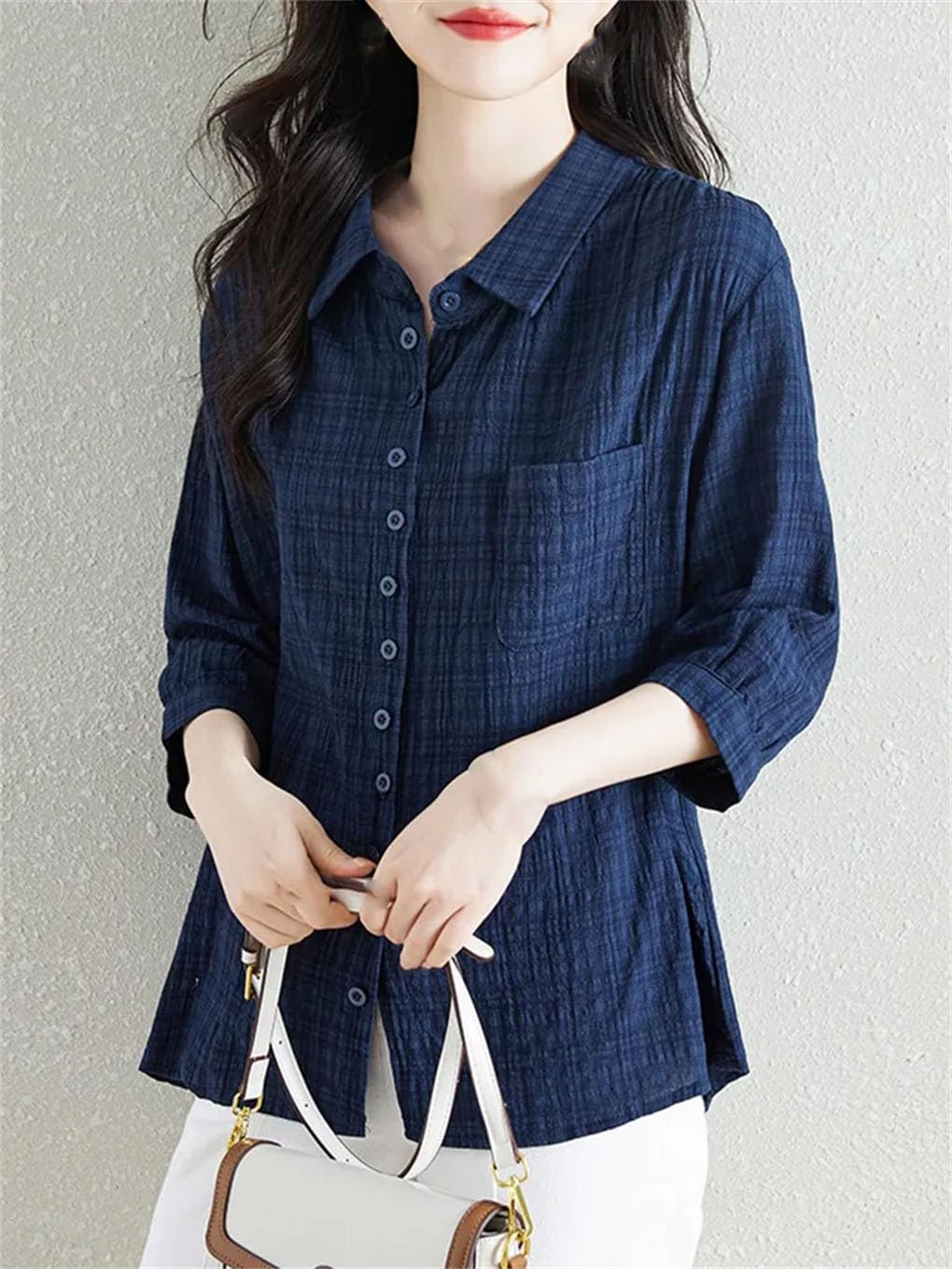 Camisa casual de algodón para mujer, vintage, a cuadros, media manga, holgada, para mujer