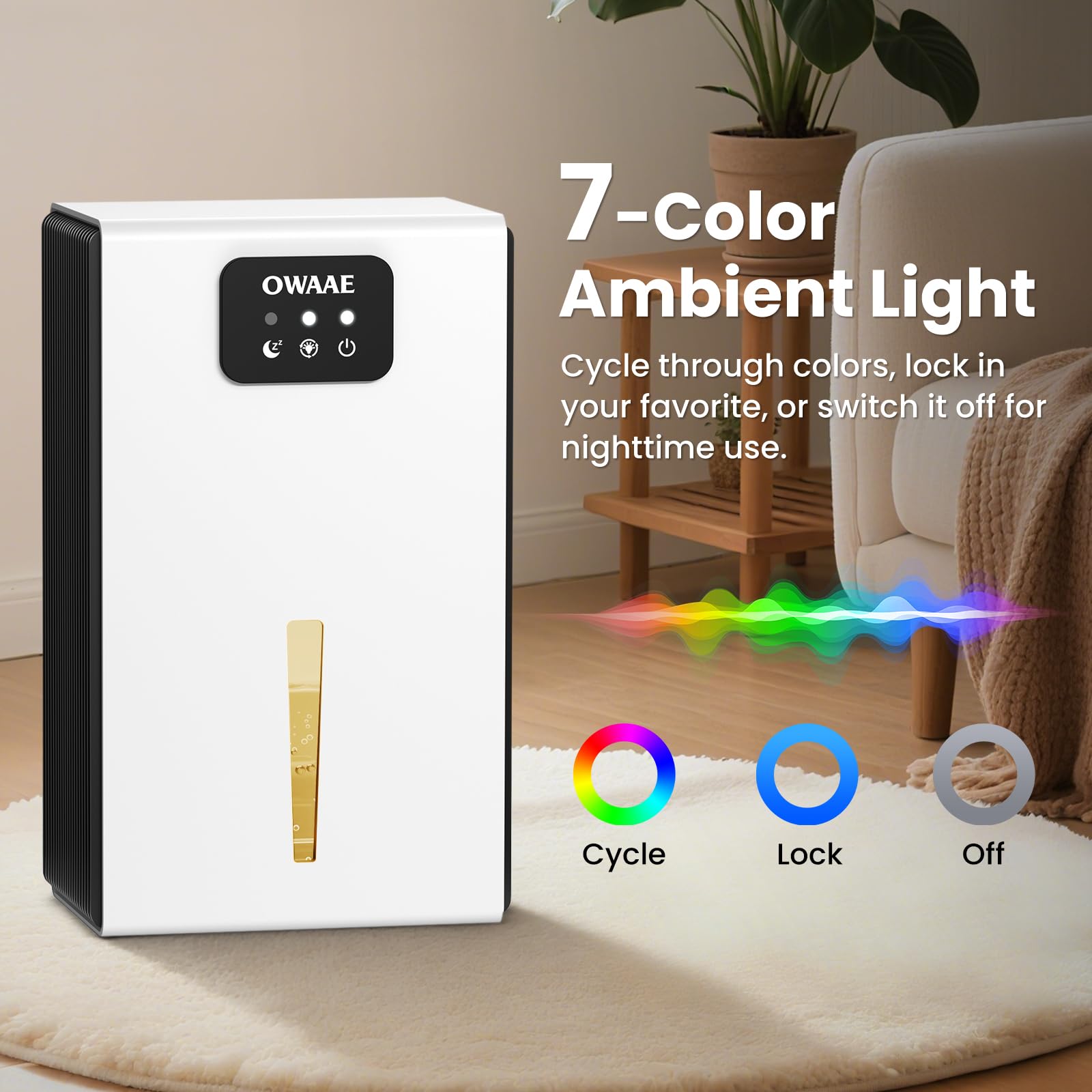 Dehumidifier, 1000 sq.ft Quiet Dehumidifiers for Home Bedroom Basement Bathroom with 95oz Water Tank, Sleep Mode, Auto Shut-Off 7 Colors LED Light, Purple — view 6