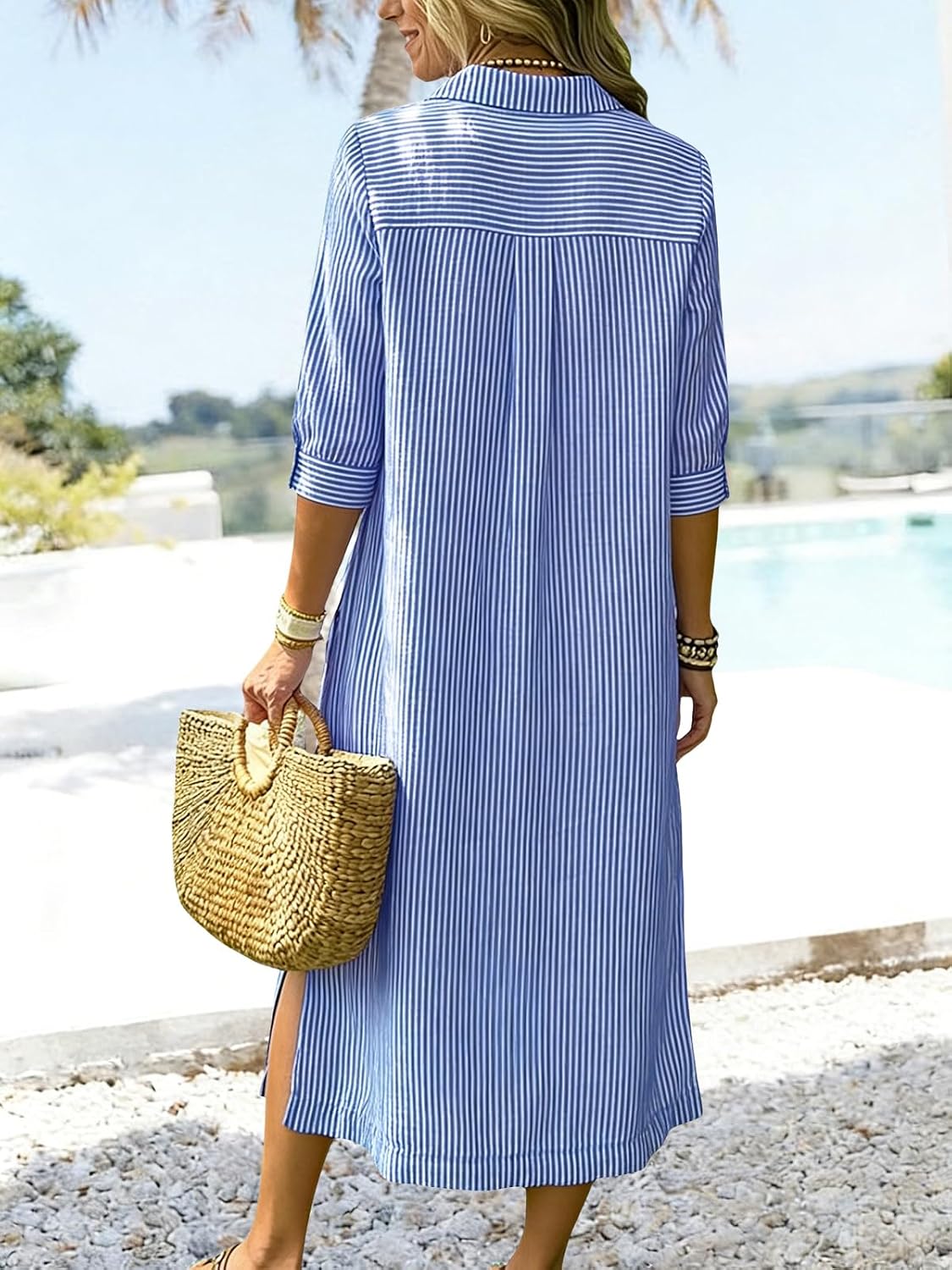 ebossy Women's Loose Striped Shirt Dress Button Down 3/4 Sleeve Side Slit Flowy A Line Mid Long Boho Dress with Pockets image 2